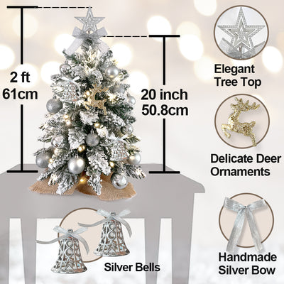 2ft Mini Christmas Tree With Light Artificial Small Christmas Decoration With Flocked Snow, Exquisite Decor & Xmas Ornaments For Table Top