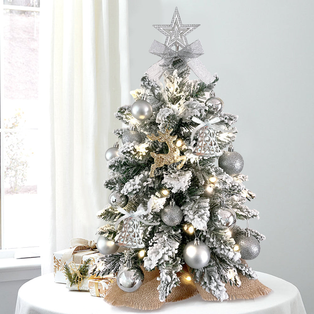 2ft Mini Christmas Tree With Light Artificial Small Christmas Decoration With Flocked Snow, Exquisite Decor & Xmas Ornaments For Table Top